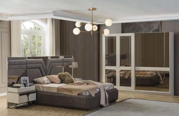 Garnituur Slaapkamer Tweepersoonsbed Bed Nachtkastjes 4-delig Grijs Kast