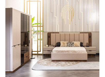 Luxe tweepersoonsbed set slaapkamer nachtkastjes 4-delig beige kast