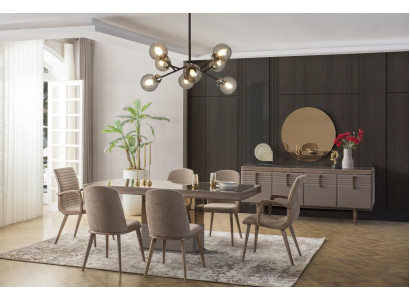 Luxe eethoek eetkamer eettafel eetgroep stoelen grijs hout set 9-delig.