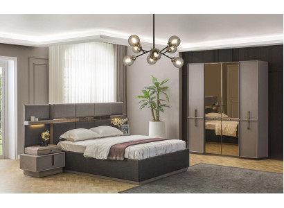 Tweepersoonsbed Complete slaapkamer Bed 4-delig Grijs Nachtkastjes Kast