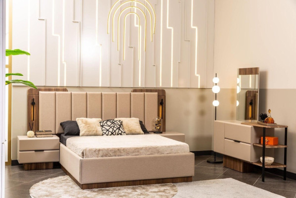 Slaapkamer set Tweepersoonsbed Nachtkastjes Beige Stof 4 delen Make-up