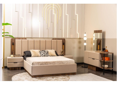 Slaapkamer set Tweepersoonsbed Nachtkastjes Beige Stof 4 delen Make-up