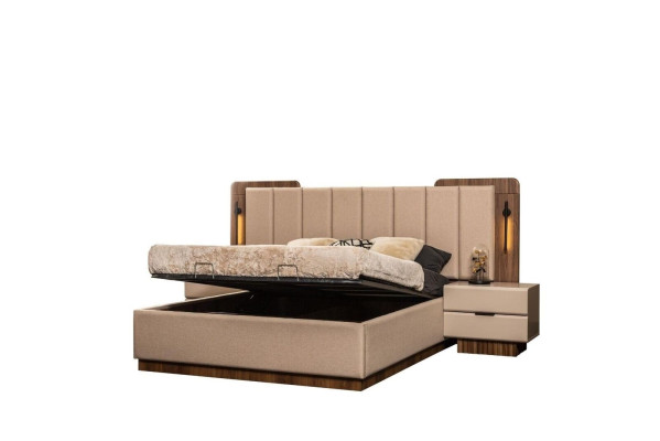Compleet slaapkamer tweepersoonsbed bed nachtkastjes beige stof 3-delig