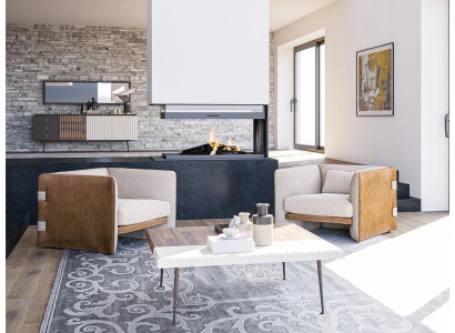Woonkamerset 3-delig 2x beige fauteuil gestoffeerde meubelen luxe houten salontafel