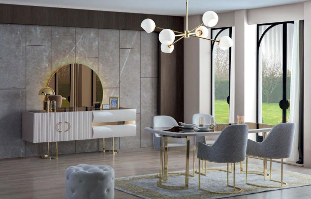 Stijlvolle grijze en witte eetkamermeubels, luxe eettafel met 4 textielstoelen, 6-delig.