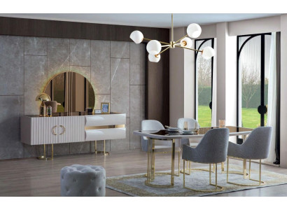 Stijlvolle grijze en witte eetkamermeubels, luxe eettafel met 4 textielstoelen, 6-delig.
