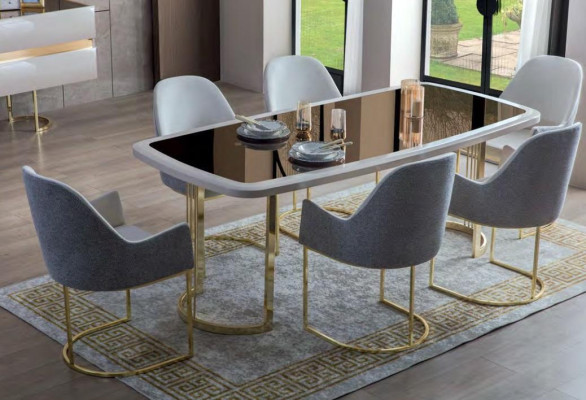 Stijlvolle grijze en witte eetkamermeubels, luxe eettafel met 4 textielstoelen, 6-delig.