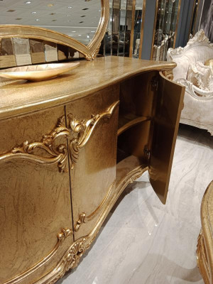 Klassieke eettafel + 6 stoelen + dressoir met spiegel Goud Houten commode Nieuw