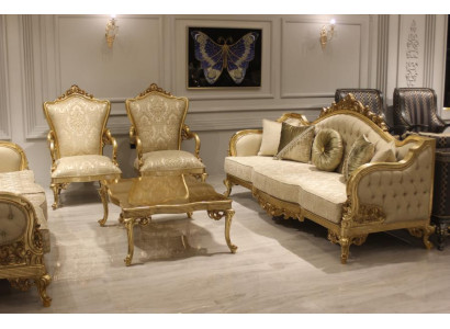 Klassiek bankstel 3-zitsbank bankstel houten fauteuil textiel compleet nieuw