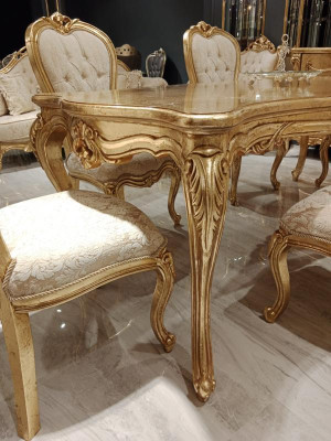 Klassiek Gouden Eetkamerset Houten Tafel Eettafel + 4x Stoelen Keuken Hout Nieuw