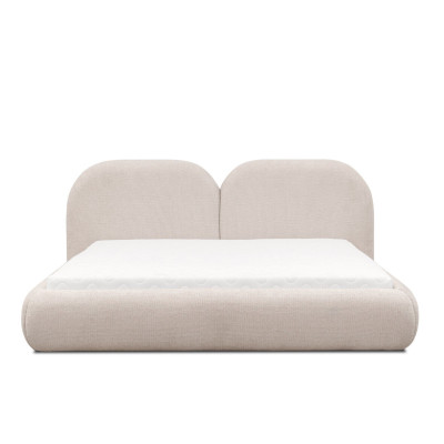 Beige slaapkamer met tweepersoonsbed en rond textiel hoofdeinde, nieuw.