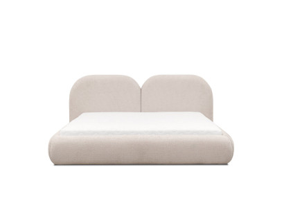 Beige slaapkamer met tweepersoonsbed en rond textiel hoofdeinde, nieuw.