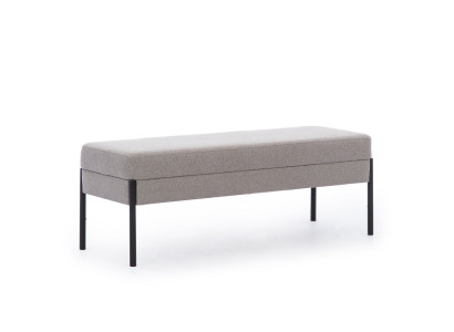 Grijze slaapkamer zitbank met ontwerper houten frame en stoffen bekleding.