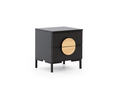 Zwarte nachtkastje met 2 laden ontworpen door designer, houten meubel.