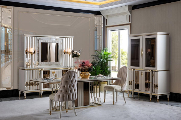 Eetkamerset Wit Eettafel Luxe 4x Stoelen Dressoir Vitrine Nieuw 8-delig.