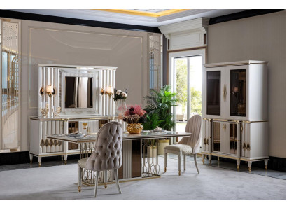 Eetkamerset Wit Eettafel Luxe 4x Stoelen Dressoir Vitrine Nieuw 8-delig.