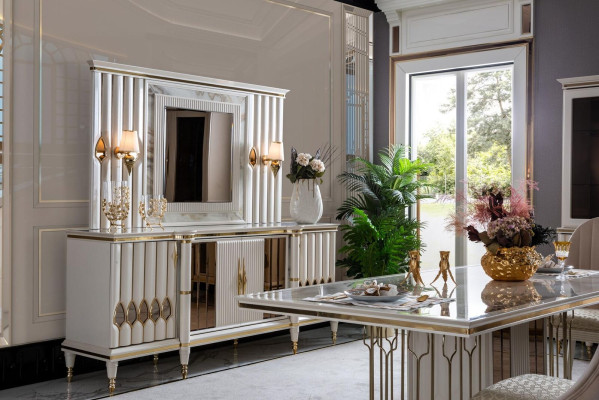 Eetkamerset Wit Eettafel Luxe 4x Stoelen Dressoir Vitrine Nieuw 8-delig.