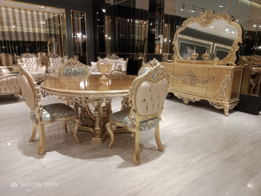 Gouden ronde eettafel eetset Tafel 4x stoel dressoir 6-delig. Nieuw