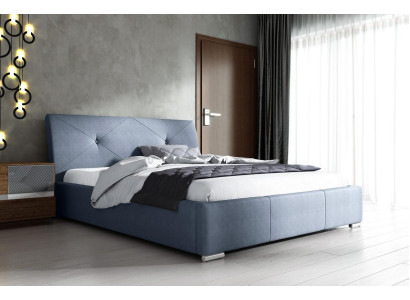 Blauw gestoffeerd tweepersoonsbed hotelbedden slaapkamer bedframe stof blauw hout