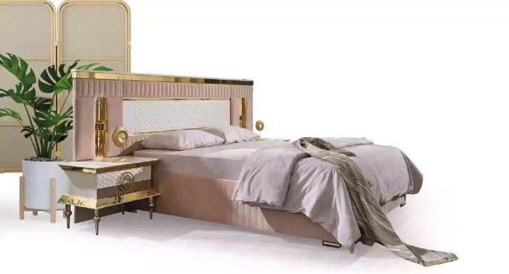 Beige slaapkamer set, tweepersoonsbed, 2 nachtkastjes, 3-delig.