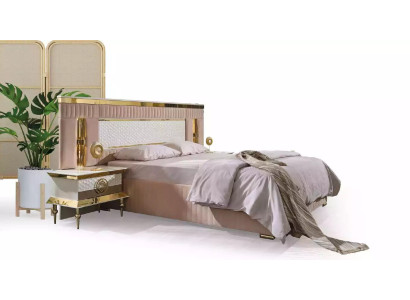 Beige slaapkamer set, tweepersoonsbed, 2 nachtkastjes, 3-delig.