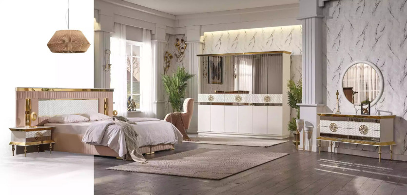Beige slaapkamer set, tweepersoonsbed, 2 nachtkastjes, 3-delig.
