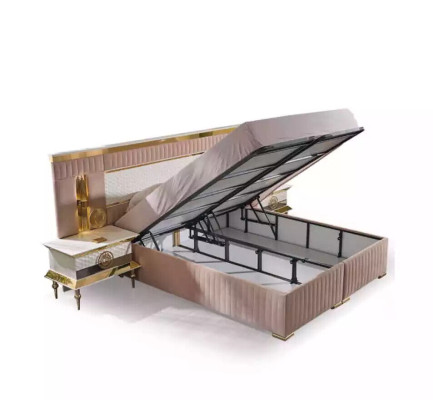 Beige slaapkamer set, tweepersoonsbed, 2 nachtkastjes, 3-delig.