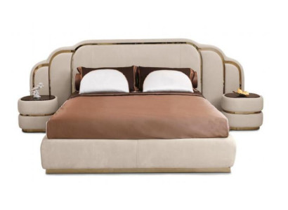 Beige slaapkamermeubels bed 2x nachtkastjes hout set luxe 3-delig