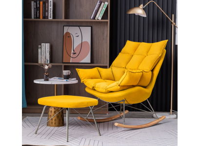 Fauteuil met voetenbankje, luxe design, textiel zitgroep voor de woonkamer, geel.