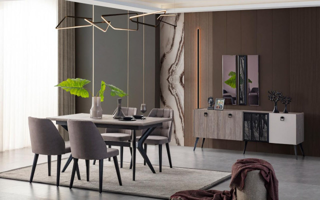 Eetgroep Eethoek Eettafel Stoelen Hout Grijs Eetkamer 9-delig Dressoir