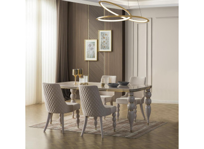 Donkerbeige eetgroep, designer houten eettafel x6 stoelen, 7-delig luxe set