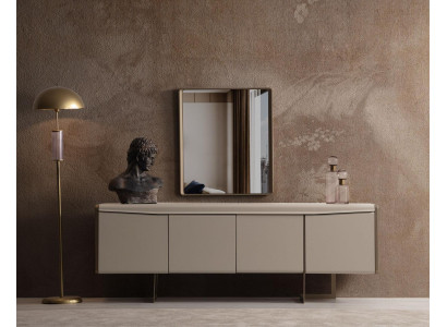 Beige eetkamer dressoir Rechthoekige spiegel Stijlvolle houten meubel 2-delig