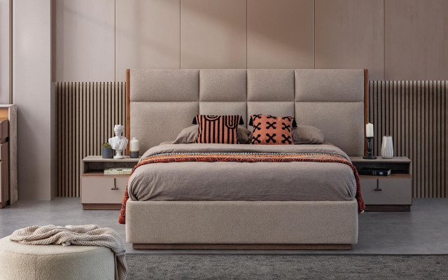 Tweepersoons slaapkamer bed nachtkastjes Grijs set van 3 st. Bedlade