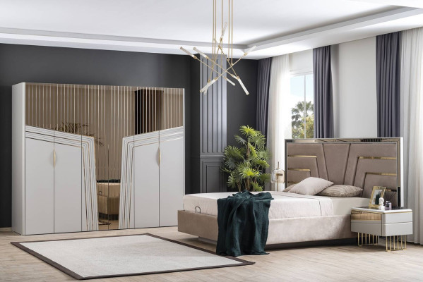 Moderne slaapkamerset - designerbed, 2 nachtkastjes, kledingkast