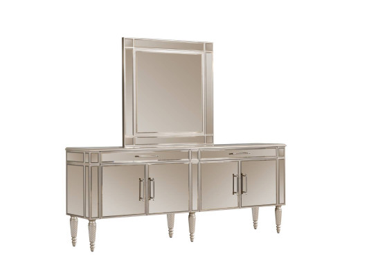 Beige eetkamercommode met spiegel, luxe dressoir, houten meubels, kostbare commodes.