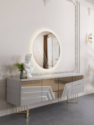 Moderne zilveren dressoir ronde spiegel LED-verlichting ontwerper 2-delige set