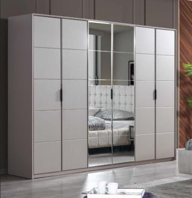 Grijze kledingkast 6-deurs slaapkamer kast Luxe glazen kasten.