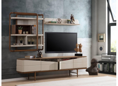 Beige woonkamerset RTV-lage kast 2x planken hout designmeubels.