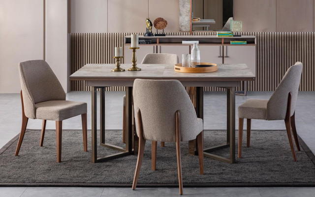 Set eetkamer eetgroep eethoek eettafel stoelen hout grijs 7-delig.