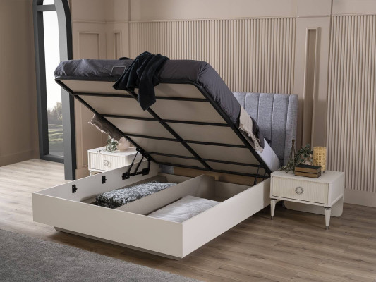 Set met tweepersoonsbed, bedframe van stof, slaapkamer, wit hout, 7-delige set