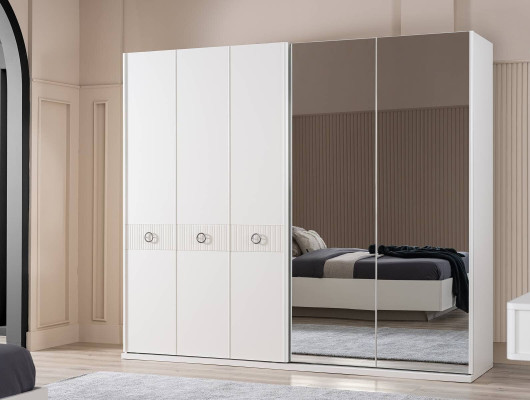 Set met tweepersoonsbed, bedframe van stof, slaapkamer, wit hout, 7-delige set