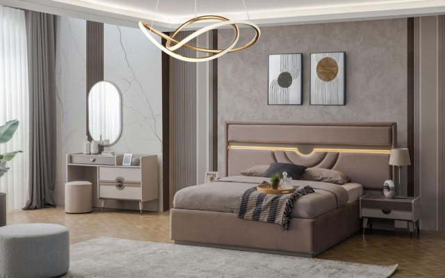 Garnituur tweepersoonsbed bed nachtkastjes beige 6-delig kaptafel modern
