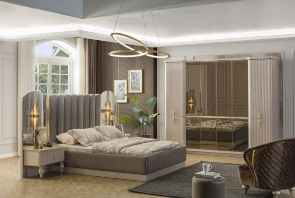 Luxe slaapkamer, designer tweepersoonsbed, kledingkast, nachtkastjes