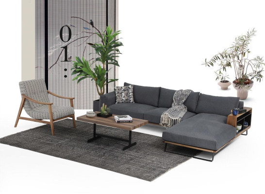 Woonkamer hoekbank L-vorm bankstel stof grijs modern design.