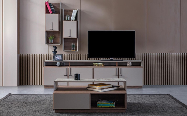 Groep woonkamer TV-standaard wandkasten laagbord grijs salontafel 3-delig