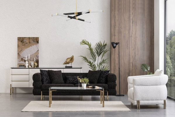 Woonkamerbankstel Designer Zwarte Luxe Driepersoonsbank Witte Fauteuil.