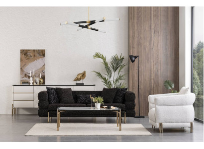 Woonkamerbankstel Designer Zwarte Luxe Driepersoonsbank Witte Fauteuil.