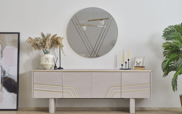 Beige luxe houten meubels Ontwerper Sideboard Luxe Ronde spiegel Modern 2-delig