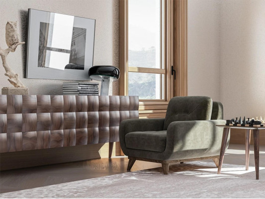 Woonkamer fauteuil luxe stof textiel gestoffeerde fauteuil inrichting  Woonkamer fauteuil van luxe stof textiel gestoffeerd fauteuil interieur