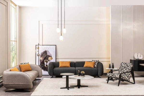 Grijze driezitsbank fauteuils salontafels woonkamerset 6-delig